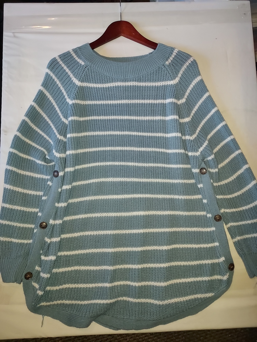 Striped Crewneck Button-Side Light Blue Sweater